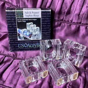 Salt & Pepper Napkin Rings Clear US Acrylic Vintage 1993 Taiwan USED
